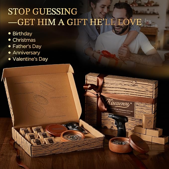 KITESSENSU Whiskey Smoker Kit with Torch – 6 Flavors Wood Chips – Old Fashioned Bourbon Cocktail Smoker Kit, Anniversary & Birthday Gifts for Men(NO Butane)