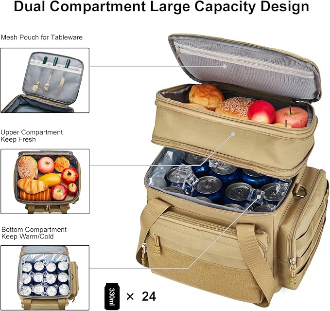 Tactical Lunch Box for Men, Insulated Lunch Bag Adult, Thermal Lunchbox Leakproof Waterproof Cooler Bag, Dual Compartment Lunch tote, Large Lunch Pail for Work Office Travel(Khaki) 15L