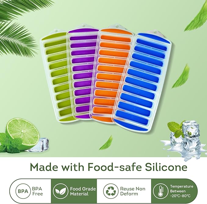 Lily's Home Set of 4 Silicone Ice Cube Tray without Lid, BPA-Free, Ideal for Water Bottles &Sports Bottles,Stackable Design for Quick Release, Skinny Ice Cube Trays for Freezer(11.81"x4.61"x0.75")