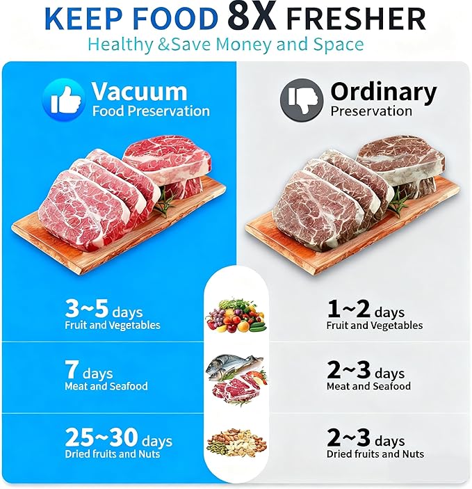 Vacuum Sealer Machine, 75kpa Rechargeable Full Automatic Food Sealer for Freshness Storage, Stainless Steel Portable Food Vacuum Sealers Machine with Pre-cut Bags, Air Hose for Outdoor Indoor