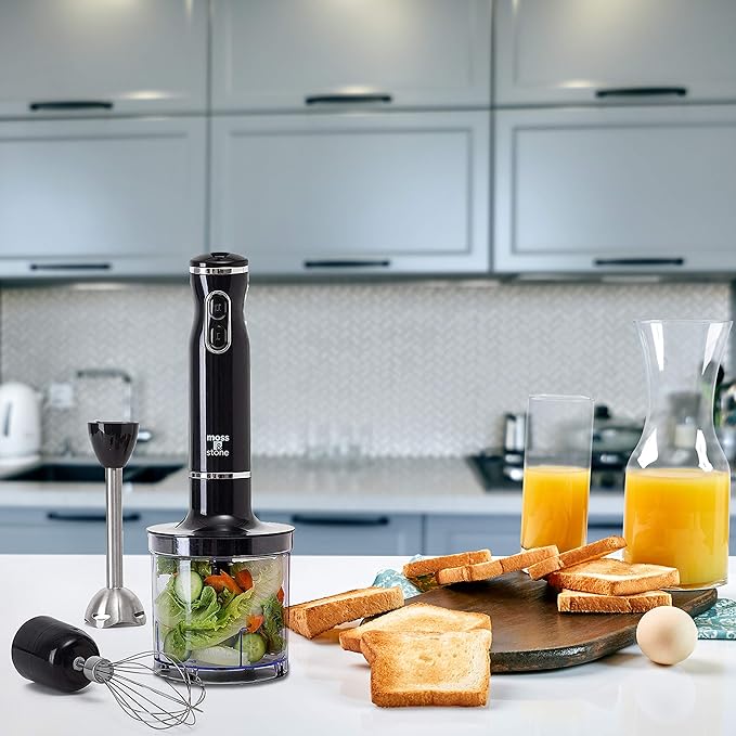 Moss & Stone Hand Blender Electric With Egg Whisk & Chopper, Powerful 300 Watt Immersion Hand Blender Set, Mixer Set Stainless Steel Shaft & Blades, Black Handheld Mixer With Ergonomic Grip