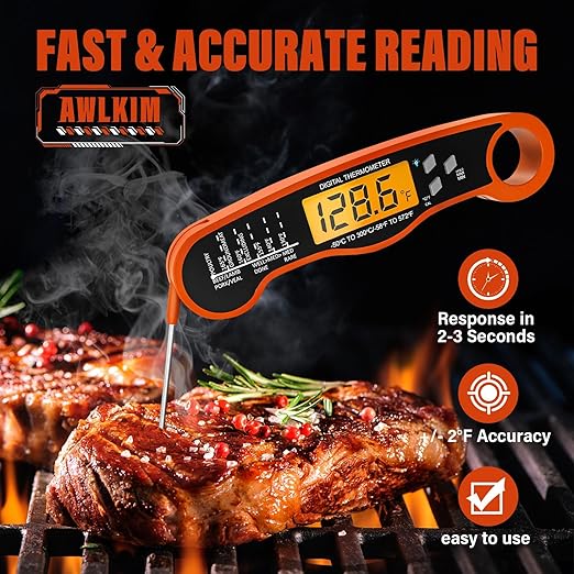 Meat Thermometer Digital - Fast Instant Read Thermometer for Cooking, Grilling, Candy Making, IP67 Waterproof with Backlight,Christmas Stocking Stuffers Gifts for Men, Dad, Husband - Orange