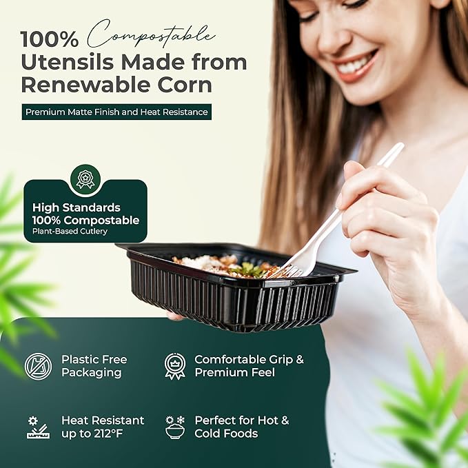 100% Compostable cutlery knives forks spoons 150 Large Disposable Biodegradable Compostable Utensils Durable HeavyDuty Silverware heat resistant alternative to plastic with convenient tray 150pc 7inch