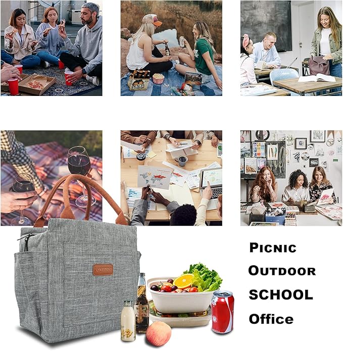 Joymee Lunch Bag Women Insulated Lunch Box Reusable Leakproof Large Spacious Tote for Women Men Adult with Bottle Holder and Side Pockets for Work Picnic Travel - Grey