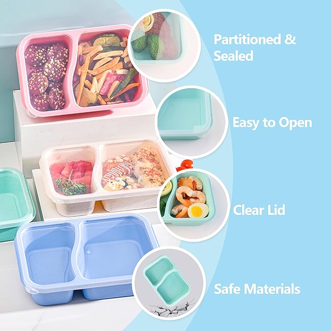 Finorder 4 Pack Wheat Straw Containers, Colorful 2 Compartment Reusable Snack Bento Box Toddler, Rectangle Meal Prep Food Containers for Adults Office and Travel