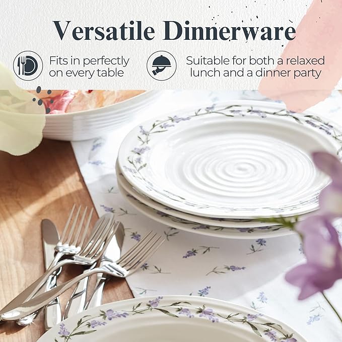 Portmeirion Sophie Conran Lavandula 11 Inch Dinner Plate, Lavender Sprig Design in Soft Purple & Green - Elegant Porcelain Dish for Spring Meals, Garden Parties, Special Events & Everyday Dining