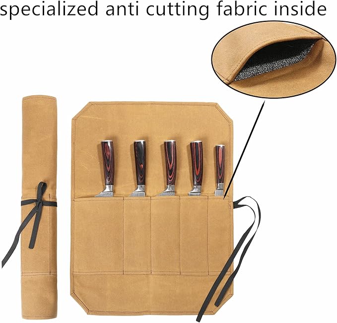 Knife Roll, Knife Cases Organizer-Durable Waxed Canvas With Cut Resistant Lining -5 Pockets (Khaki)