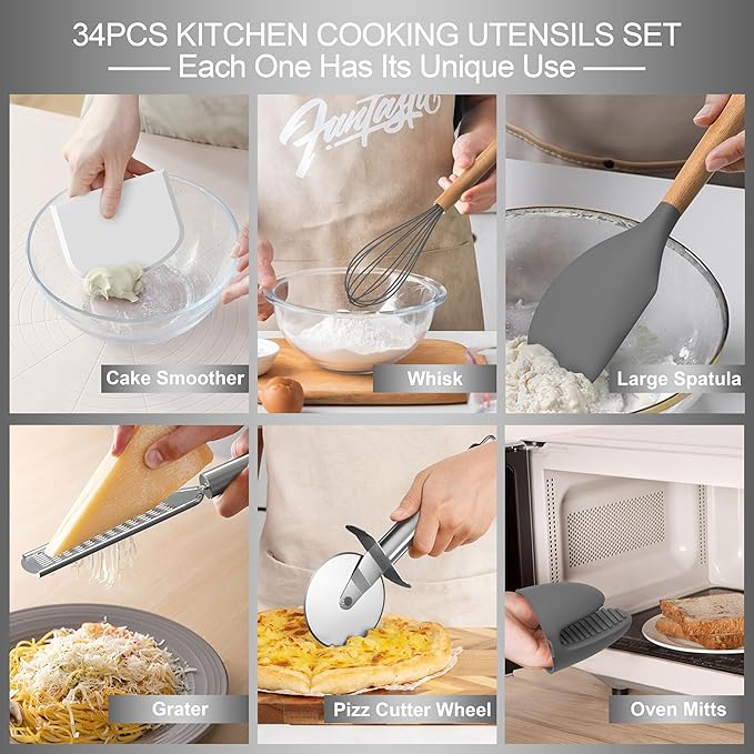 Silicone Cooking Utensils Set, 43Pcs Non-Stick Heat Resistant Kitchen Utensils Spatula Set with Wooden Handle for Baking, Cooking, and Mixing, Best Kitchen Gadgets Tools with Holder (Grey)