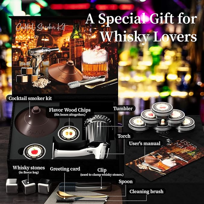 Cocktail Smoker Kit with Torch and Whiskey Glass, 6 Flavors Wood Chips and 3 Whisky Stones for Whiskey & Bourbon, Gift for Husband, Birthday Gift (No Butane)