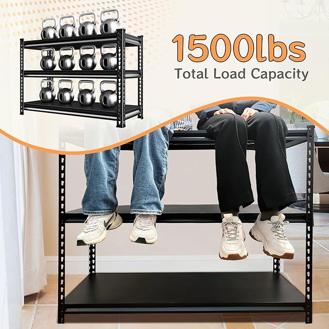 Adjustable Shelving Units and Storage, 48”W Garage Shelving Heavy Duty,1500LBS Loads 3-Tier Garage Storage Shelves, Metal Shelves for Living Room,Pantry,48”W×16”D×36”W,Black