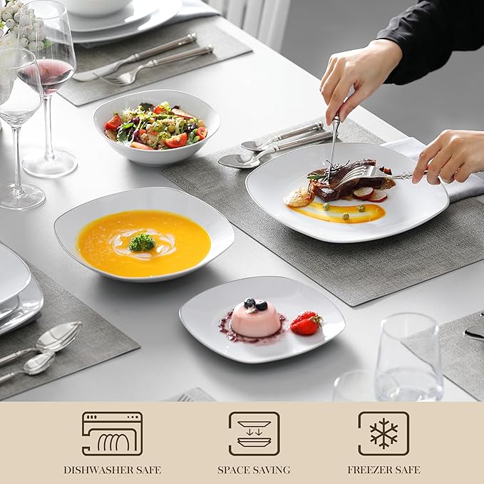 MALACASA Dinnerware Sets, 24 Piece Porcelain Square Dishes, White with Silver Rim Plates and Bowls Sets, Ceramic Dish Set for 6, Chip Resistant Dishware Sets, Series ELISA