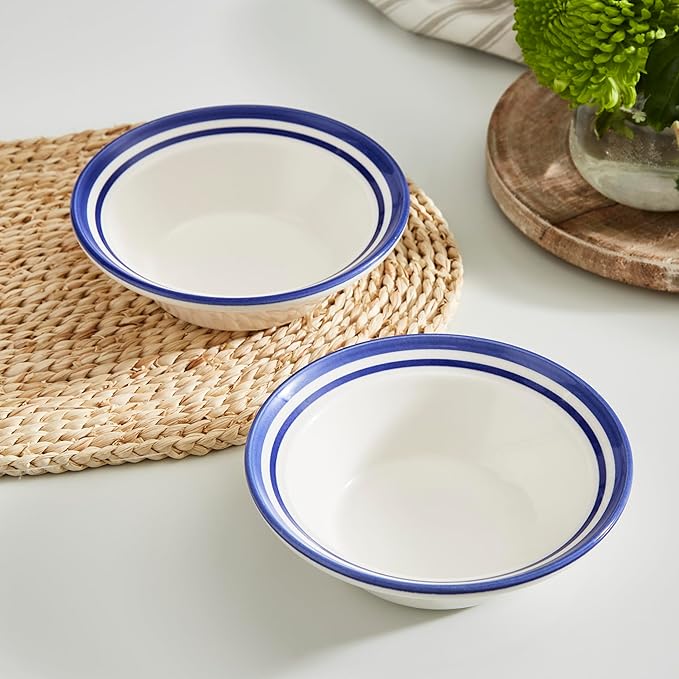 Portmeirion Potter's Stripe Oatmeal Bowl (Set of 4) - Ideal for Porridge, Soup, Desserts - Microwave & Dishwasher Safe Earthenware Bowls, Durable Dishware Collection - Made in UK (Blue Stripe)