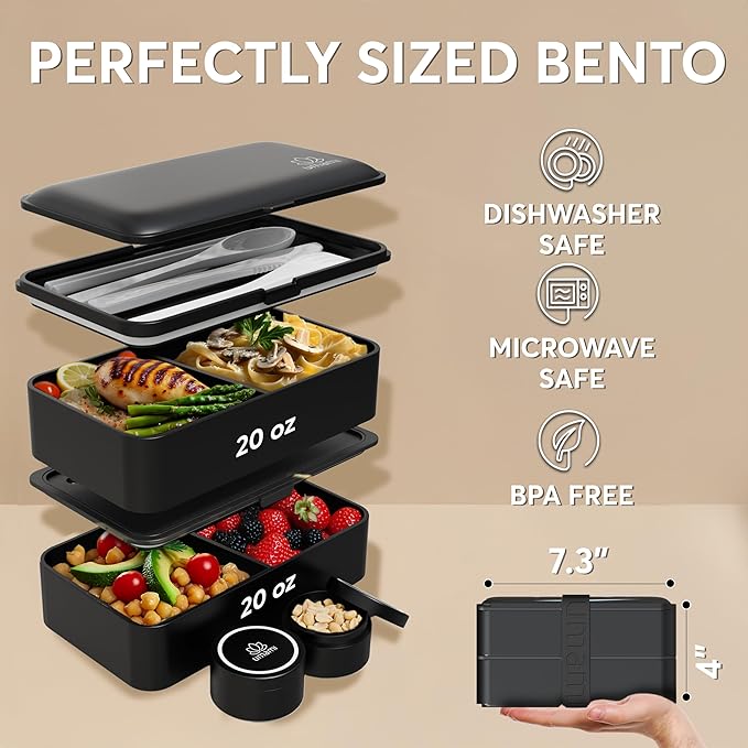 Umami Bento Box Adult All-In-1 w/4 Utensils, 2 Sauce Jar, 2 Dividers, 100% Leakproof, Microwave & Dishwasher Safe, Stackable Bento Lunch Box Containers for Men/Women, Matte Black, 40 oz