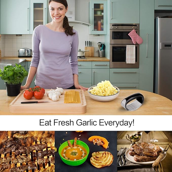 Garlic Press Rocker Stainless Steel Ginger Crusher Squeezer Kitchen Gadget with Ergonomic handle, Silicone Tube Garlic Peeler and Cleaning Brush Tool Set