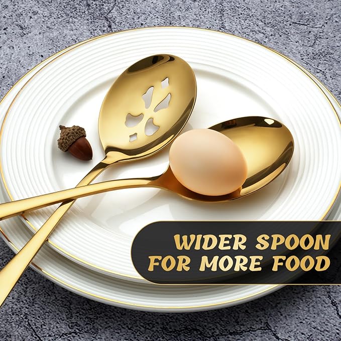 4 Piece Stainless Steel Serving Spoon Set - 2 Large, 2 Slotted,Dishwasher Safe,10-Inch,Gold, for Parties/Kitchen/Buffet/Catering