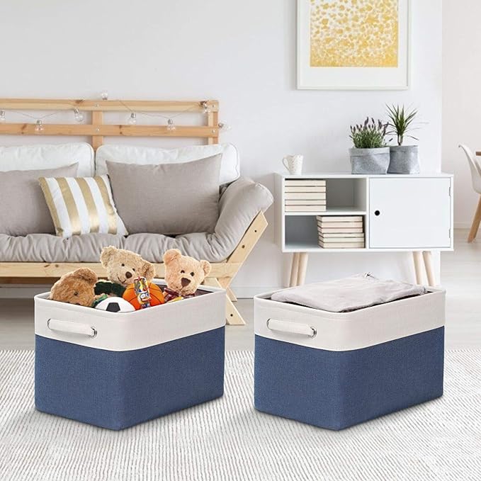 Kntiwiwo Foldable Storage Bin Collapsible Fabric Storage Basket Cube with Durable Handles Closet Organizer Bins for Organizing Shelves Drawers, Set of 3, 15" x 10" x 9.5", Blue