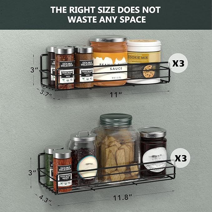 Moforoco Spice Rack Organizer Wall Mount (6Pack), Hanging Black Spice Pantry Organization Storage Shelf, Farmhouse Seasoning Organizer, Flexible Wall Shelves, Kitchen Essentials Home Decor