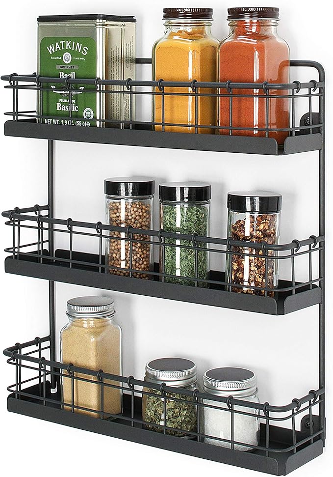 Spectrum Diversified Storage for Kitchen, Pantry, Cabinet, Industrial Gray Vintage Wall-Mount 3-Tier Spice Rack, Large (Pack of 4)