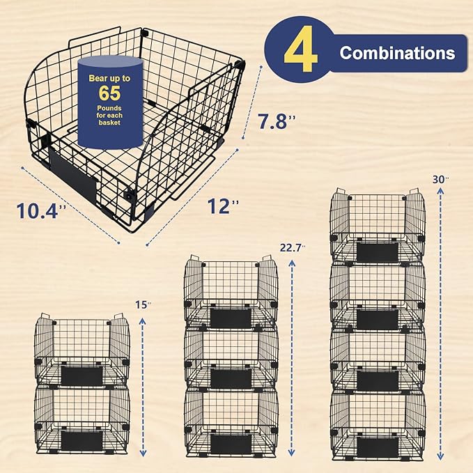 4 PACK Wire Stackable Baskets for Organizing,Fruit Basket for Kitchen,Pantry organizers and storage,12"x10.4"x7.8" Metal Baskets,Vegetable,Fruit,Snack,Onion,Potato,Can,K-Cup Organization,Black