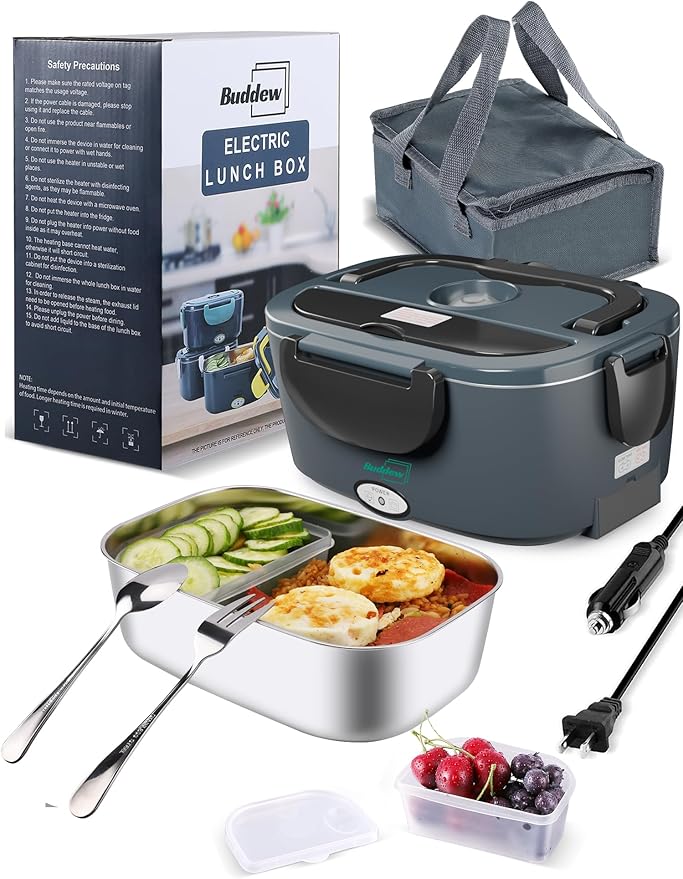 Buddew Electric Heated Lunch Box for Adults - 80W Fast Heating, 1.5L Food-Grade Stainless Steel, 12V/24V/110V Portable Food Warmer for Work Travel Car, Lonchera Electrica Portatil