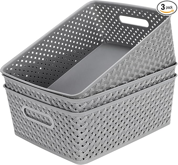 MaxGear Organization and Storage 3 Packs, Plastic Bins Organizer Bins, Woven Baskets for Storage, Plastic Baskets with Handles, Grey Basket for Organizing, Basket Organizer for Home and Office, Large