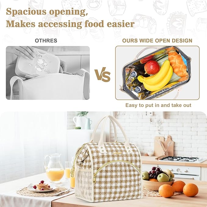 LOKASS Insulated Lunch Bag Women- Reusable 10 L Lunch Box for Women - Leakproof Tote Cooler Bag for Adults Work, Beach, Travel, Picnic （Brown&White Diamond Grid）
