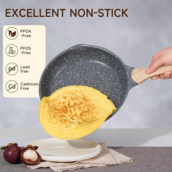 JEETEE Nonstick Frying Pans Set, Skillets Set 2 Pcs, 8" 10" Granite Non-Stick Frying pan, Nonstick Omelette Skillet with Soft Touch Handle, Grey