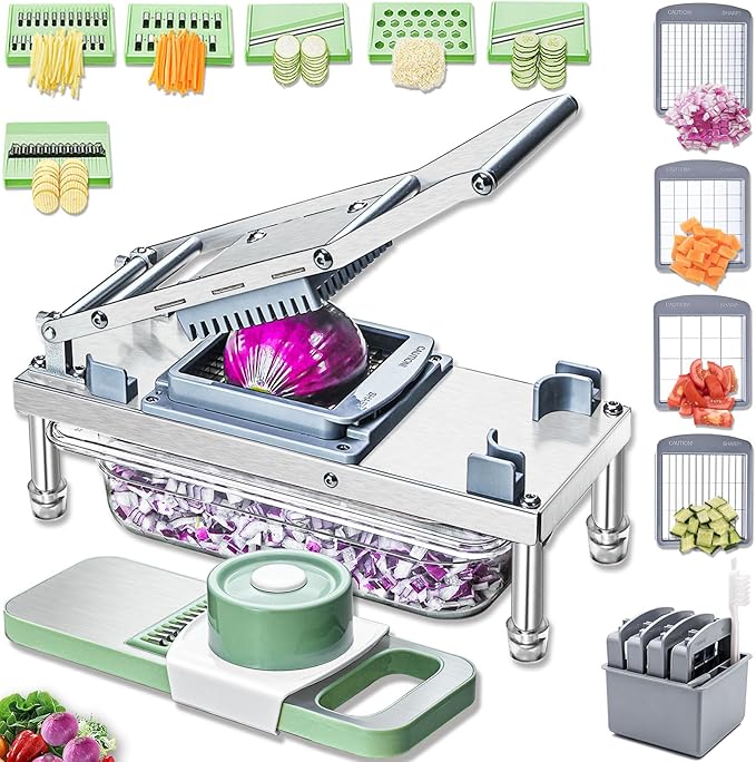 Stainless steel Vegetable Chopper, Veggie Chopper With 10 Blades, Onion Dicer with Container, Food Cutter & Grater Mandoline Slicer