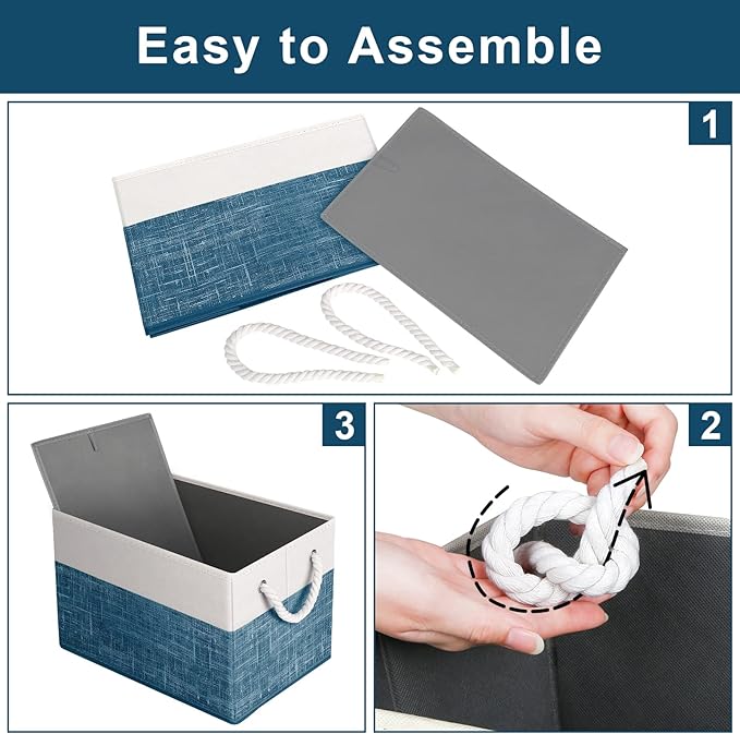 Fab totes Storage Bins [8-Pack], Foldable Storage Baskets for Organizing Toys, Books, Shelves, Closet, Large Storage Box with Rope Handles, Sturdy Organizer Bins, White & Blue