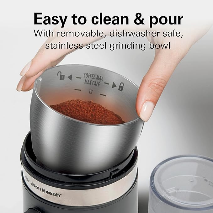 Hamilton Beach Electric Coffee Grinder for Beans, Spices and More, with Multiple Grind Settings for up to 14 Cups, Removable Stainless Steel Chamber, Grey (80396C), 10 oz