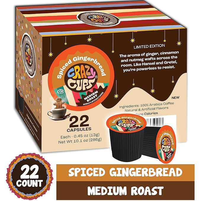 Crazy Cups Spiced Gingerbread Flavored Coffee Pods, Holiday Coffee, Single Serve for Keurig K-Cup Machines, Medium Roast in Recyclable Pods (Pack of 1, 22 Count Total)