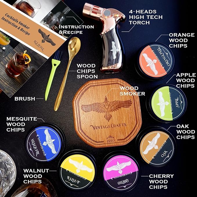 Cocktail Smoker Kit with Torch, Whiskey/Bourbon/Old Fashioned Smoker Kit with Torch,6 Flavor of Wood Chips,Orange/Apple/Oak/Cherry/Walnut/Mesquite,Birthday Gifts for Man,Husband,Dad(No Butane)