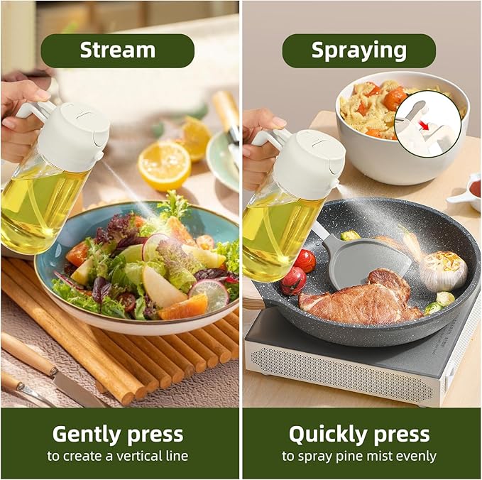 2pcs Oil Sprayer for Cooking, 16oz/470ml Oil Dispenser for Kitchen, 2 in 1 Olive Oil Dispenser Bottle for Kitchen Gadgets, Air Fryer, Salad, BBQ (Black, Ivory)