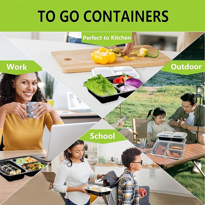 32oz Meal Prep Containers 3 Compartment Food Container with Lids 15 Pack, Durable Reusable Snack Box Containers, Microwaveable Food Storage Containers Lunch Containers for Women and Men