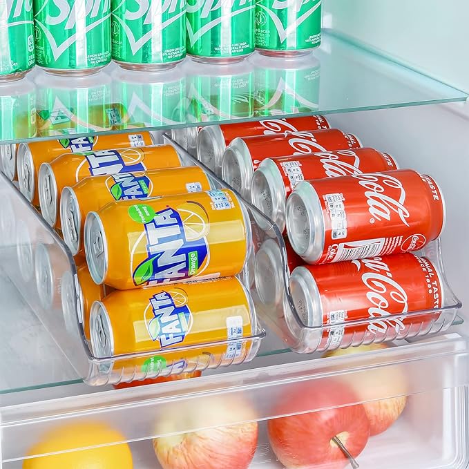 Puricon 2 Pack Standard Can Drink Dispenser Organizer for Refrigerator Plastic Soda Pop Holder Container Storage Bin for Fridge Freezer Pantry Kitchen