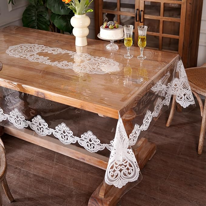 Clear Table Cover Protector Vinyl Table Cloth Rectangle Oil Spill Proof Vintage Rustic Plastic Table Covers for Dining Tables (White Lace, 60 x 120 Inches)