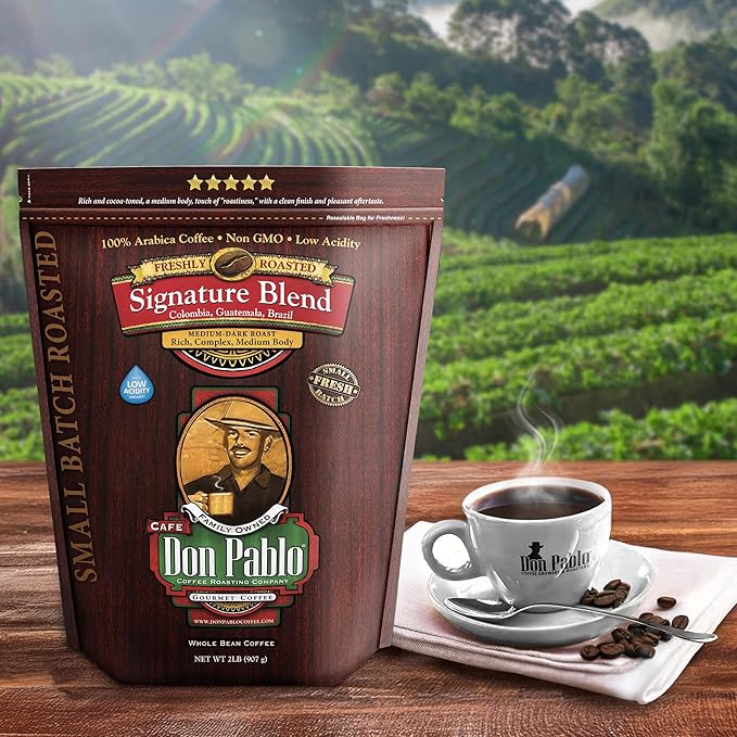 2LB Don Pablo Gourmet Coffee - Signature Blend - Medium Dark Roast - Whole Bean Coffee - 100% Arabica Beans - Low Acidity and Non-GMO - 2lb bag