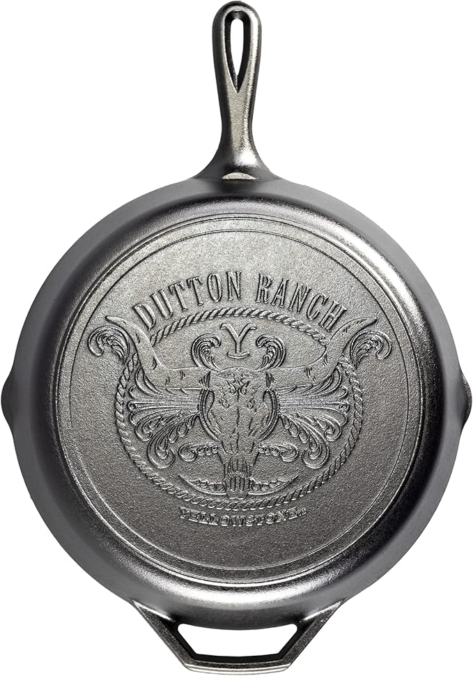 Lodge Pre-Seasoned Yellowstone Stamped Cast Iron Cookware - Signature Teardrop Handle - Use in the Oven, on the Stove, on the Grill, or Over a Campfire - 12 Inch Logo Skillet