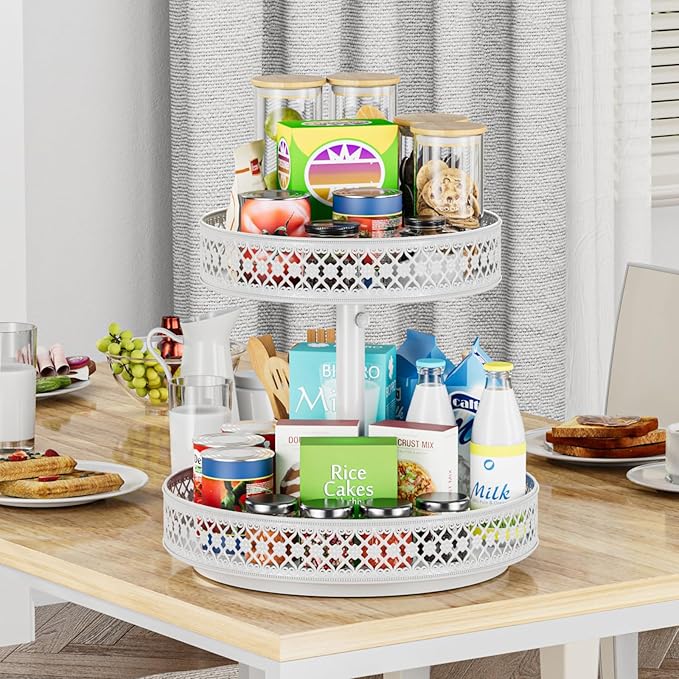 Lazy Susan Organizer 2 Tier - Turntable Spice Rack 12 inch Adjustable Metal Rotating Lazy Susan for Cabinet Pantry Kitchen Countertop Dining Table Cupboard Bathroom Vanity Storage White