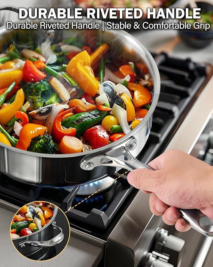 Cooks Standard 4-Quart Stainless Steel Sauté Pan with Lid, 10.5-inch Deep Frying Pan Induction Cookware, Oven Safe Large Skillet Jumbo Cooker with Stay-Cool Helper Handle