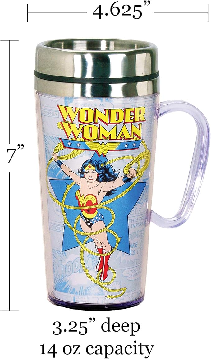 Spoontiques DC Comics Insulated Travel Mug, 14oz - Double Wall Stainless & Acrylic Drink Cup with Twist Top Lid & Handle - Wonder Woman