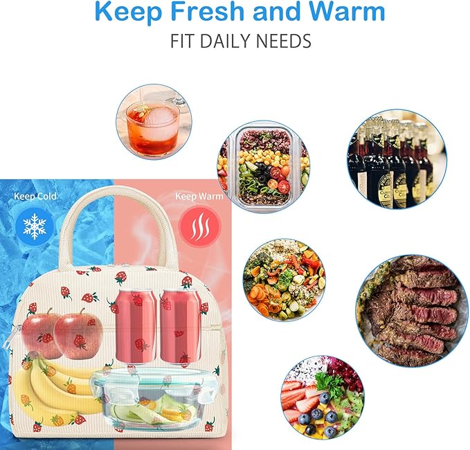 DALINDA Insulated Strawberry Lunch Bag for Women,Cute Corduroy Lunch Tote Bags Lunch Box Water-Resistant Large Capacity Reusable Insulated Cooler for Work Picnic or Travel