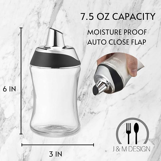 J&M DESIGN Sugar Dispenser with Pour Spout Lid Sugar Container Shaker Coffee Bar Accessories Organizer Essentials Powdered Creamer Baking Supplies 7.5oz Glass Jar Pourer Sugar Bowl Salt Dish Holder