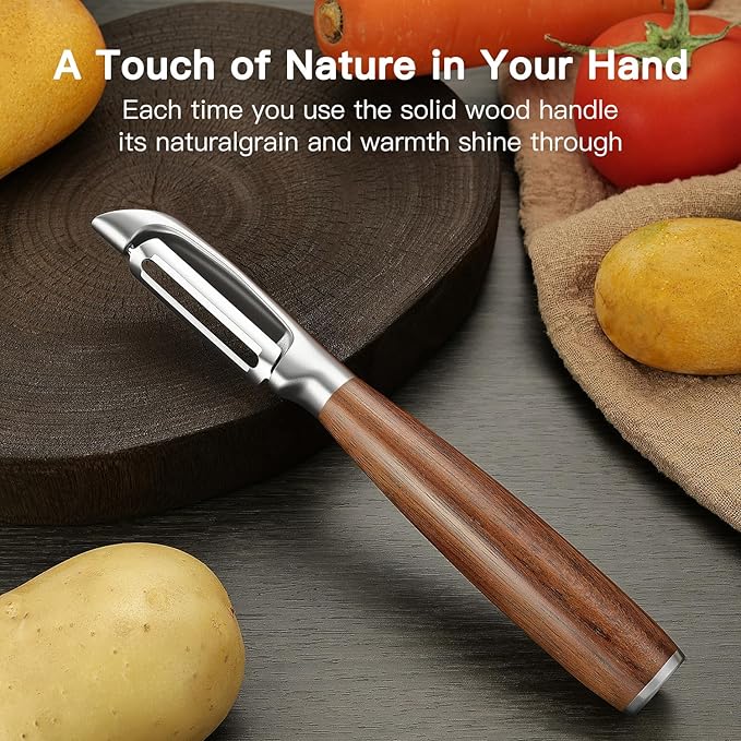 JUSEEPO Premium Vegetable Peeler, I Type Swivel 304 Stainless Steel Blade Comfortable Solid Wood Handle, Practical Gift for Restaurant Baking Chef Woman for Veggie, Fruit, Potato(Merbau)
