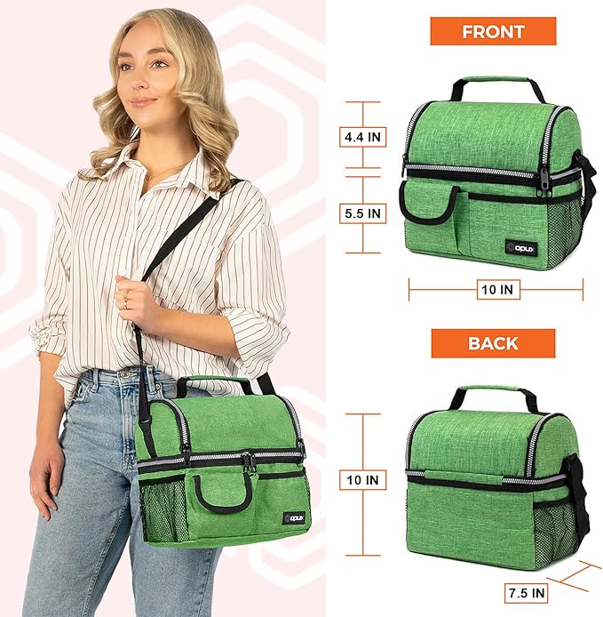 opux Lunch Box for Men, Adult Lunch Box Cooler, Insulated Lunch Bag Women, Dual Compartment Lunchbox for Work, Leakproof Double Decker Lunch Bag, Soft Lunch Pail Tote Boys Girls Kids School, Green