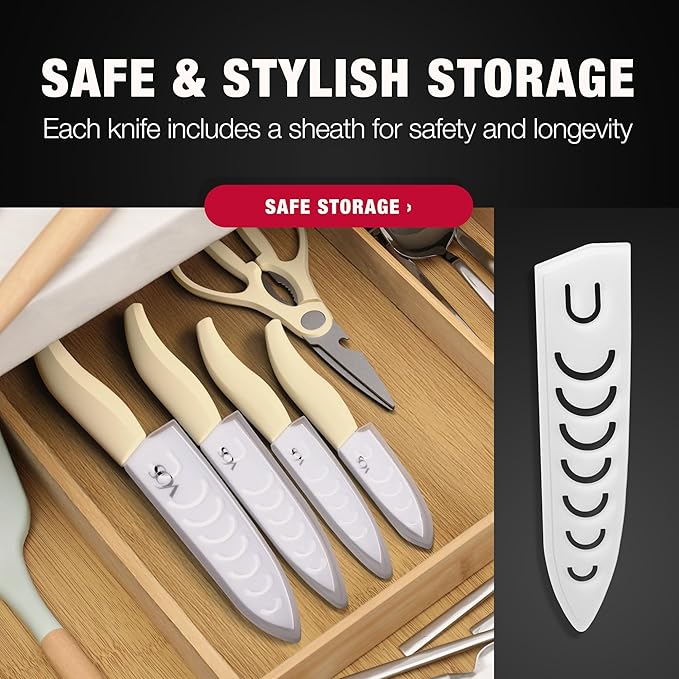Vos Ceramic Knife Set in Elegant Gift Box, Ceramic Knives Set For Kitchen, Ultra Sharp Kitchen Knife Set & Covers, 3" 4" 5" 6" Paring, Santoku, utlity & Chef Knife, Scissors included (Off-White)