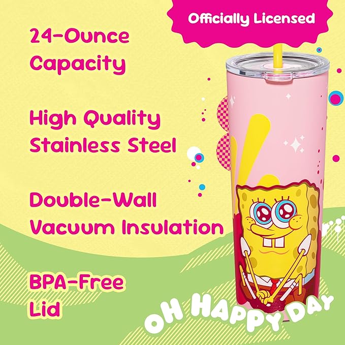 Dragon Glassware x SpongeBob SquarePants 24 oz Vacuum Insulated Tumbler with Lid and Straw - Tumbler Cup with 2 Straws - Stainless Steel Tumbler with Straw for Water, Iced Tea - SpongeBob - Pink
