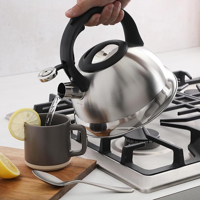 Mr. Coffee Hartbay 2.4 Quart Whistling Tea Kettle, Large Stainless Steel Stovetop Kettle, Durable Fast-Boil Tea Pot