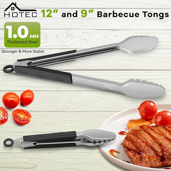 Hotec Stainless Steel Kitchen Tongs, Set of 2-9" and 12", Locking Metal Food Tongs for Cooking, Serving, BBQ, Grill Non-Slip Grip