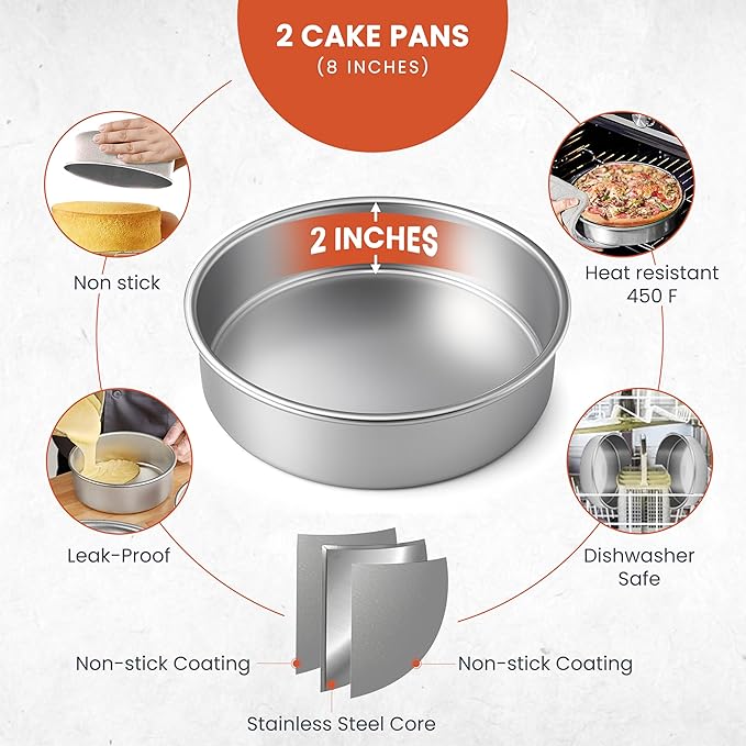 RFAQK 100PCs Anodized Aluminum Cake Pans Sets for Baking - 8 inch Round Cake Pans with Cake Leveler, Piping Bags, Icing Tips, 30 Parchment Papers, 40 Cupcake Liners & Icing Spatula for Cake Decorating